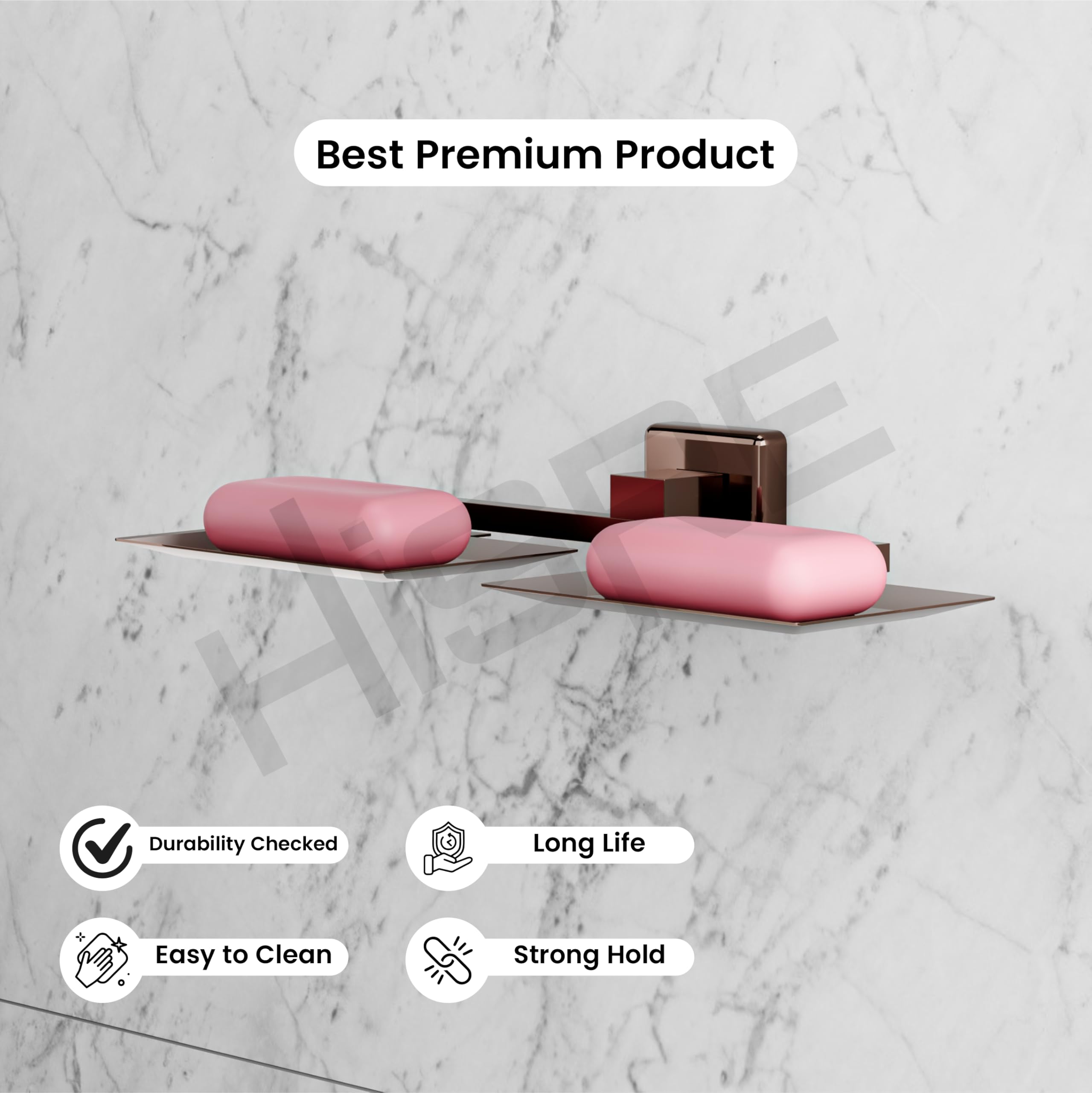 HISRE Double Soap Holder Wall Mounted | Rose Gold Square Design Dual Soap Dish, Modern Bathroom Soap Tray for Shower, Sink & Wash Basin, photo 4 of 5