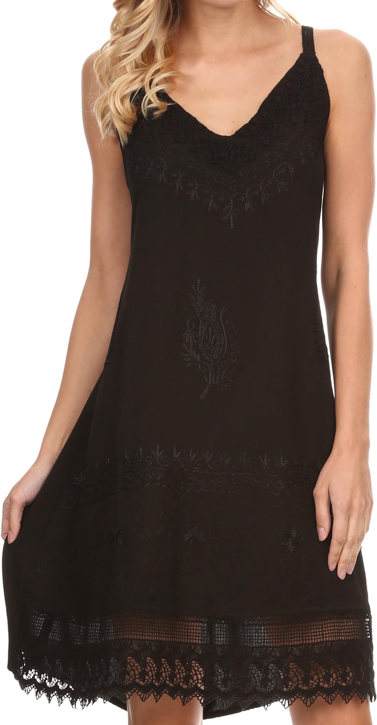 Sakkas Ameelynn Short Embroidered Batik Festival Sleeveless Spaghetti Strap Dress