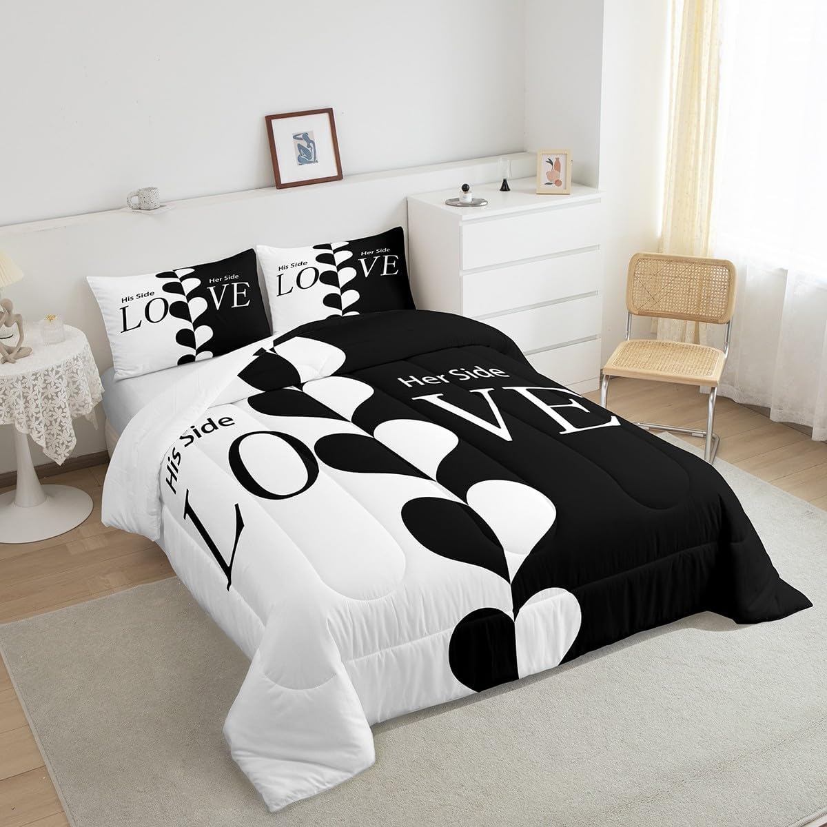 Couple Comforter Set, His Side Her Side Bedding Set Love Romantic Quilted Comforter for Teens Adult Women, Black White All Season Down Comforter for Bedroom 3 Pieces with 2 Pillow Cases, Full Size