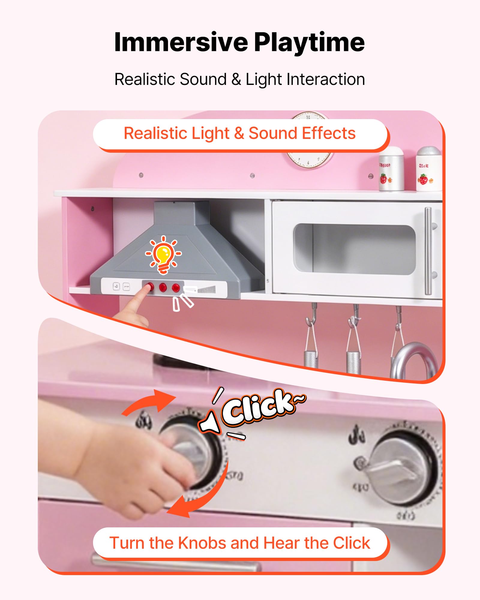 VEVOR Cucina Giocattolo per Bambini in Legno, con Luci e Suoni Realistici, Accessori Cibo e Pentole, Macchina per Ghiaccio, Cappa Aspirante e Forno a Microonde, Gioco di Ruolo, per Bambini 3-8 Anni