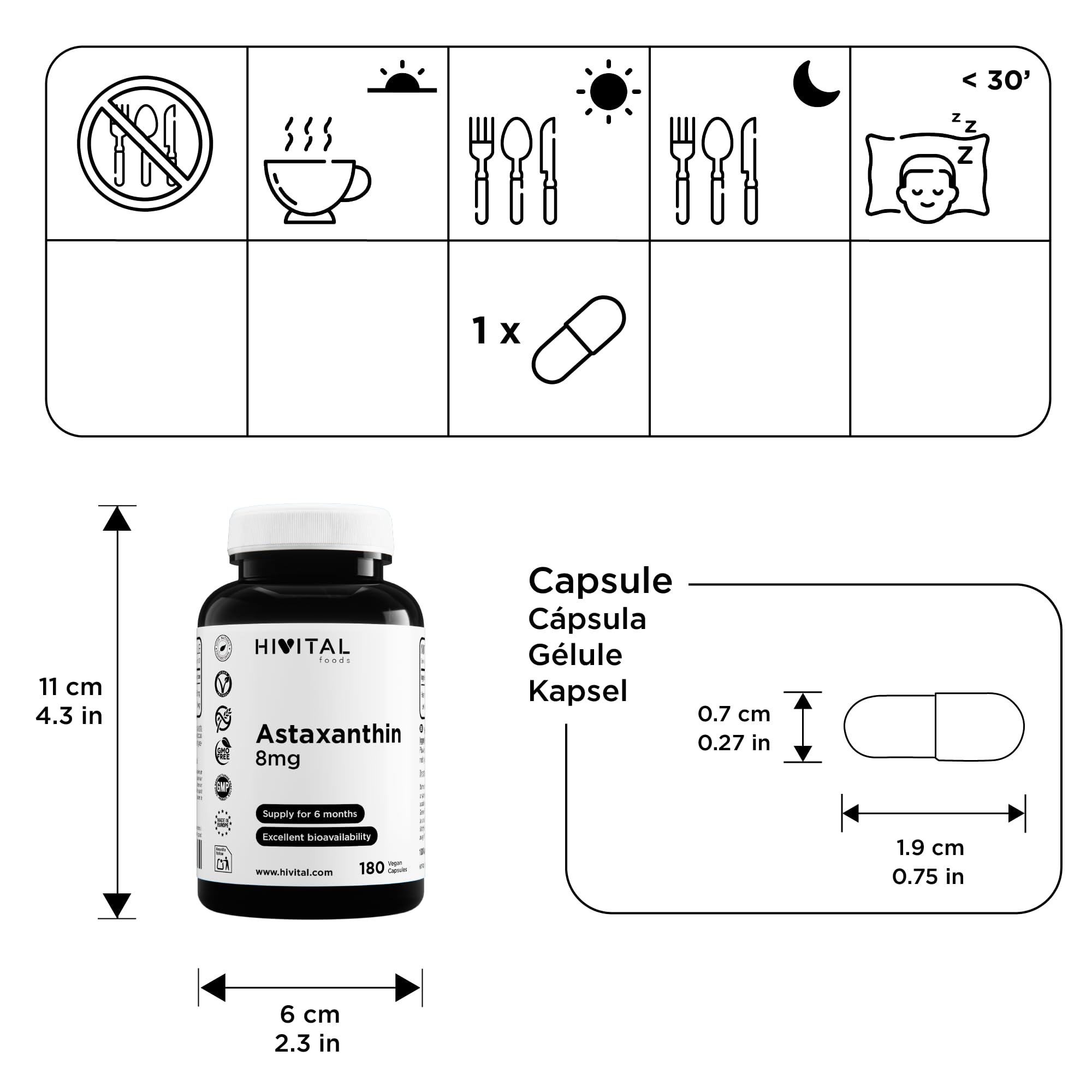 Astaxanthine pure 8 mg. 180 gélules végétaliennes pour 6 mois de traitement. Provenant de 160 mg d'Algues Naturelles Haematococcus Pluvialis à 5% en Astaxanthine. Fabriqué en Europe par HIVITAL