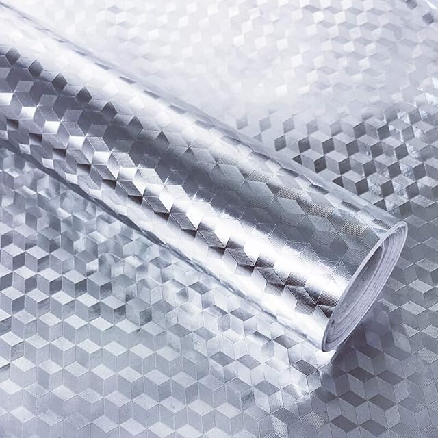 Hode Kitchen Tile Stickers OilProof Self Adhesive Vinyl Film Roll for Kitchen Furniture Shelf Liner Table Waterproof Silver 40X300cm