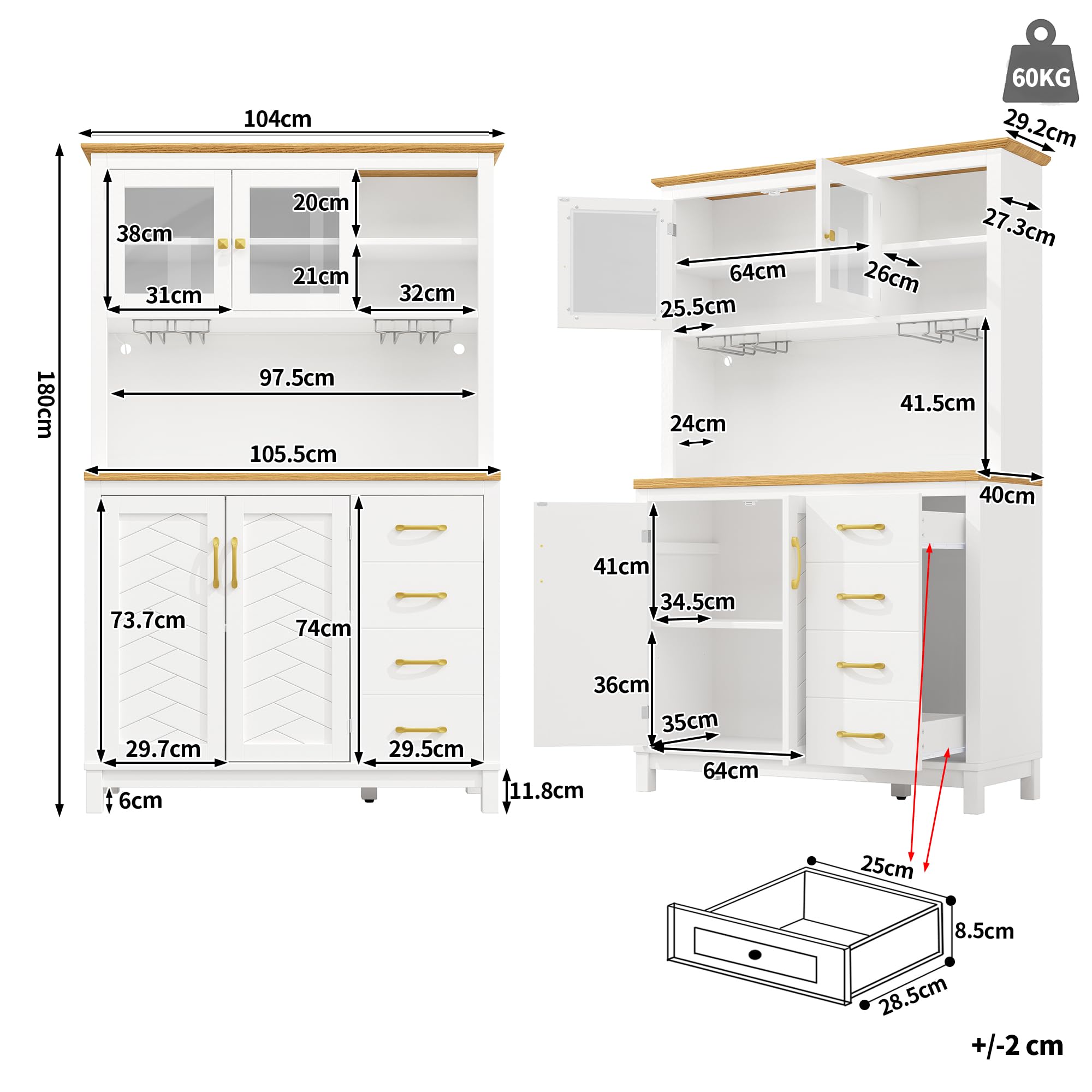 Armadio da cucina con piano di lavoro e illuminazione a LED, armadietto da cucina con scaffale per snack e porta bevande, buffet da cucina con 2 cassetti, 120 x 40 x 188 cm (bianco - A)