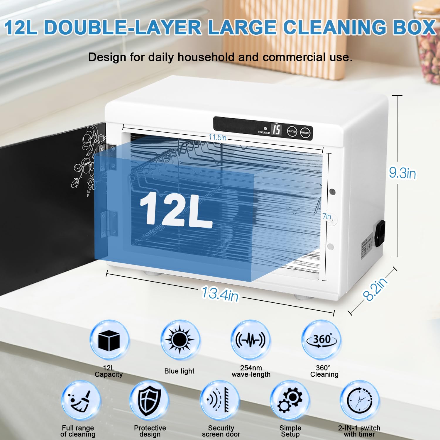 Nail Tool Cleaning Machine 12L High Capacity Cleaning Cabinet Salon Tools Cleaning Box with Touch Timer Setting for Esthetician, Manicurist, Spa, Tattoo, Barber&Salon