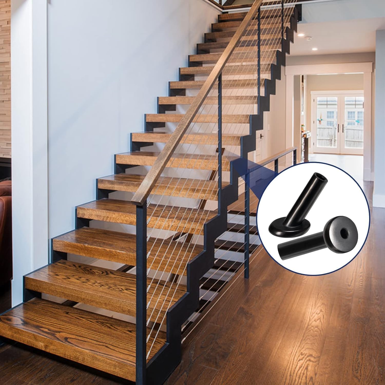 50 Pack 45 Degree Angle Protective Sleeves, Black Cable Railing Stair Protector Sleeve Beveled for 1/8" Wire Rope, T316 Marine Grade Cable Railing Kit with Two Drill Bit for Wood Posts HF039B