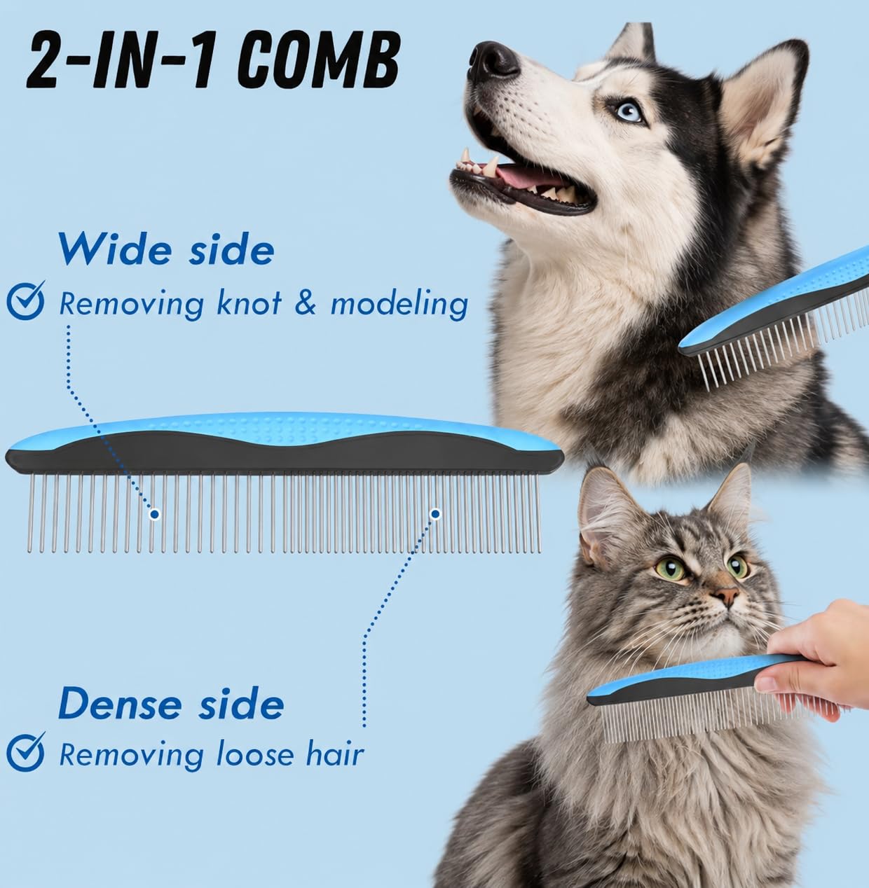 2-in-1 Pet Grooming Brush and Metal Comb Set, Professional Deshedding Rake for Dogs and Cats, Stainless Steel Dematting Tool for Long & Short Hair Pets, Undercoat Remover with Non-Slip Handle, Blue
