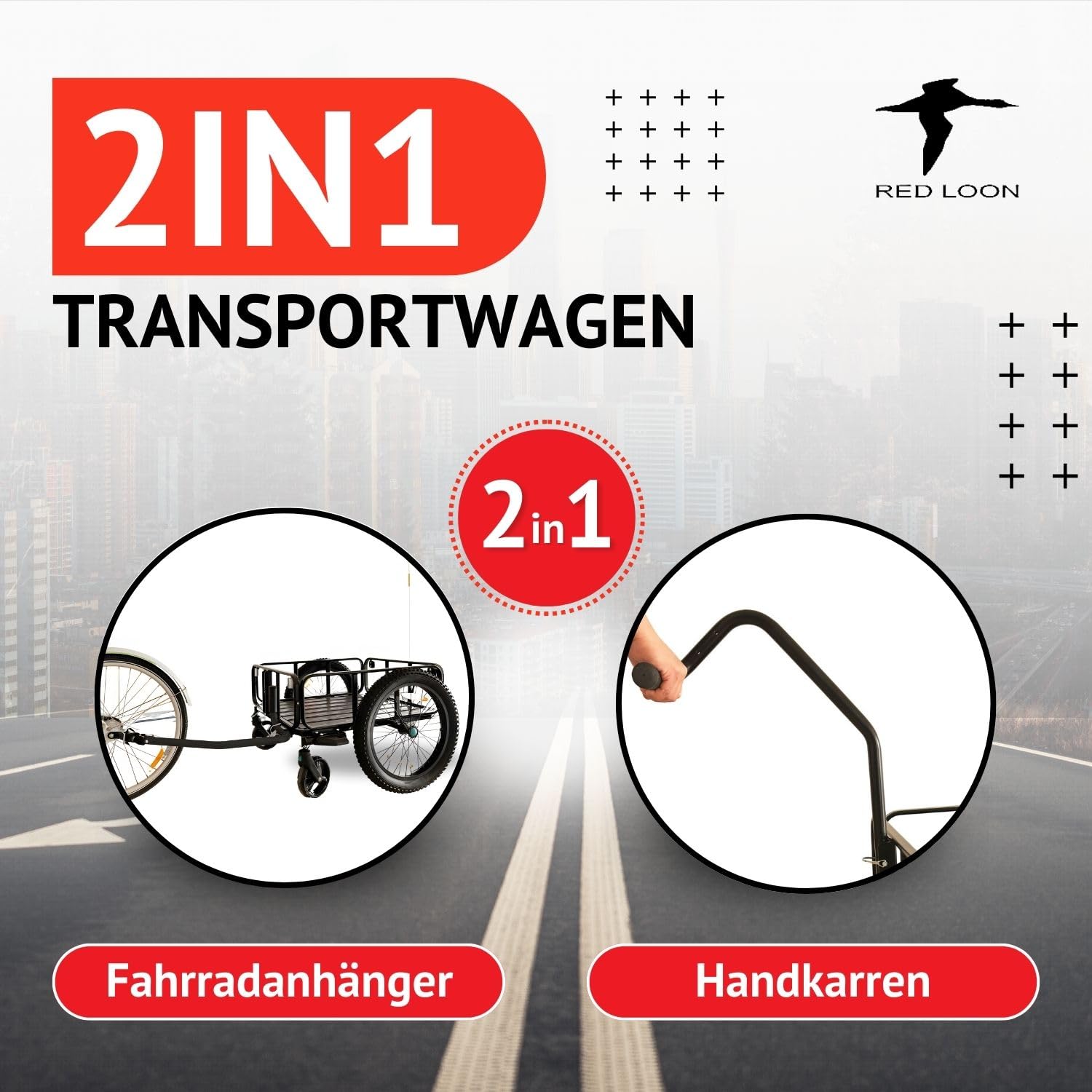 Rimorchio per bicicletta 2 in 1 – Red Loon in alluminio BAC502 – 100 litri – pneumatici extra larghi da 20" – max. 60 kg – Rimorchio per biciclette da 26 – 28" – Carrello a mano