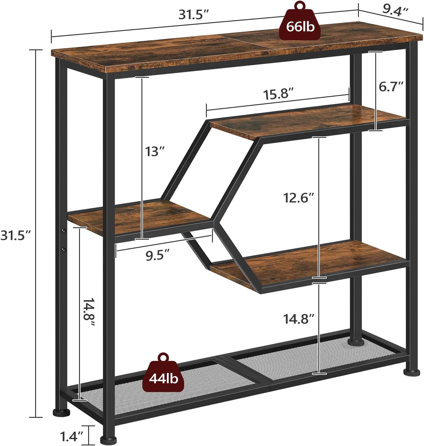 Console Table, 31.5'' Narrow Long Entryway Table, 5-Tier Thin Sofa Table with Open Storage Shelves, Foyer Table for Hallway, Entrance, Living Room, Bedroom, Rustic Brown and Black CTHR13101
