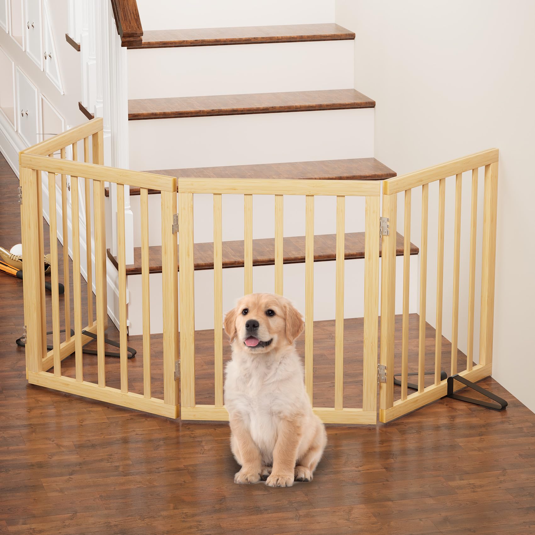 Dog Gate, Freestanding Dog Gates for Doorways, Indoor,Foldable Pet Gates for Doorways Bedroom, Puppy Gate with Metal Support Feet, Room Dividerr 4 Panels (Natural) — view 6