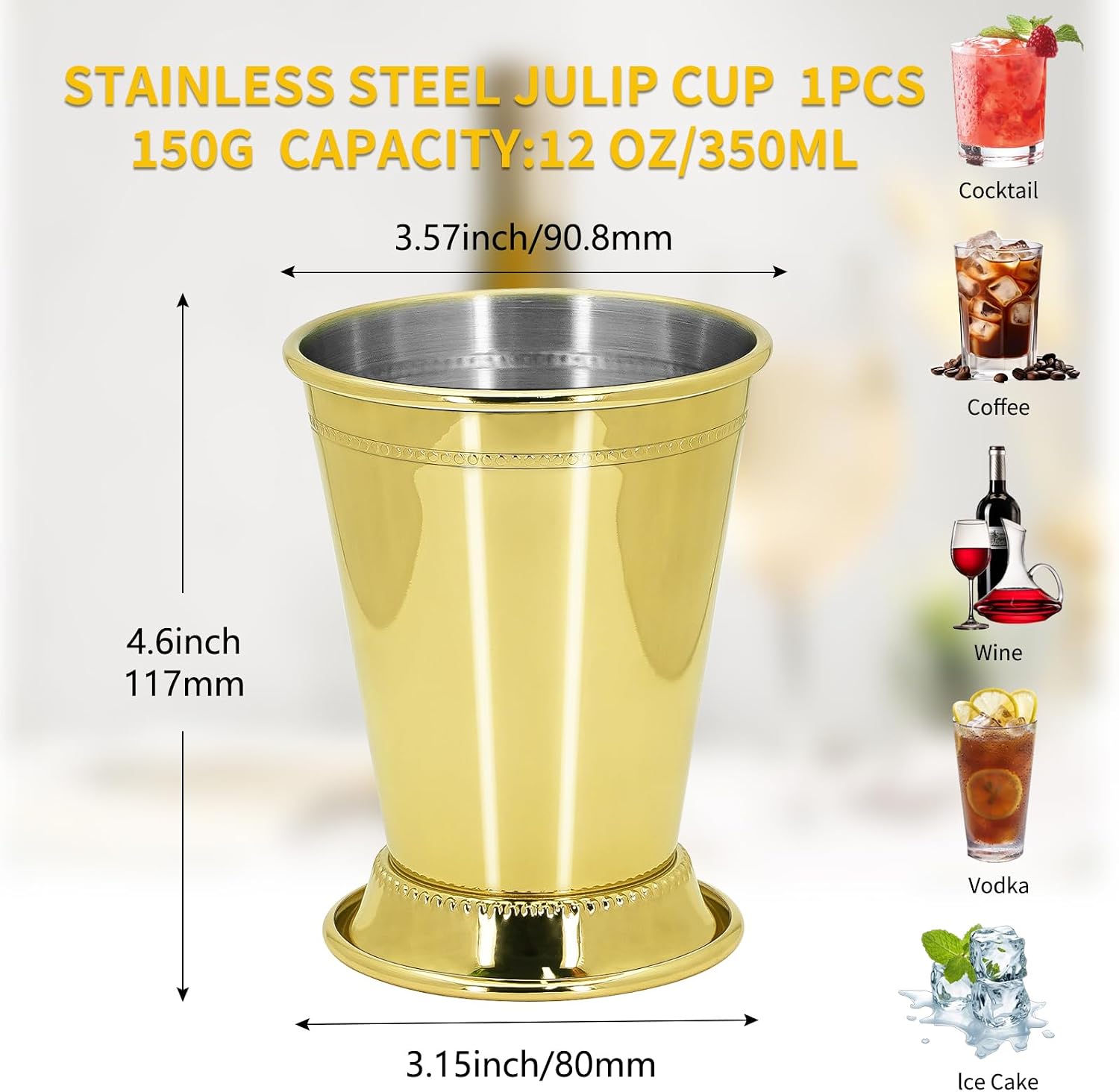 1Pc Mint Julep Cups, Stainless Steel Cups for Cocktail, 12 oz Vintage Metal Drinking Glasses for Derby Party Supplies, Home, Restaurant, Outdoors, Camping (1, Gold)