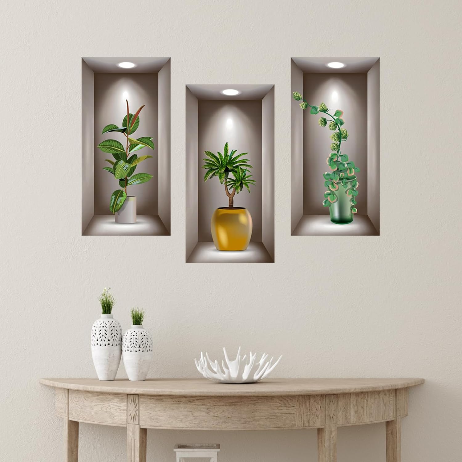 3D Potted Plants Wall Stickers Set of 3 Green Plants Leaves Wall Decals Peel and Stick 3D Magic Wall Art Sticker for Living Room Bedroom Aisle Entrance Sofa Backdrop Yoga Room Home Decor