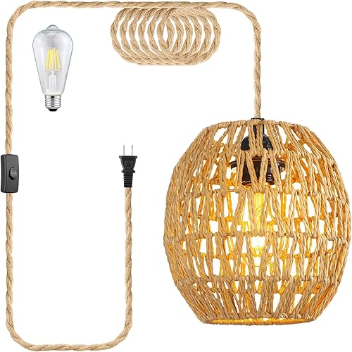 Miniatura 8 de Lámpara colgante enchufable, cable de cuerda de cáñamo de 15 pies, luces colgantes con cable de enchufe, lámpara colgante de ratán regulable,