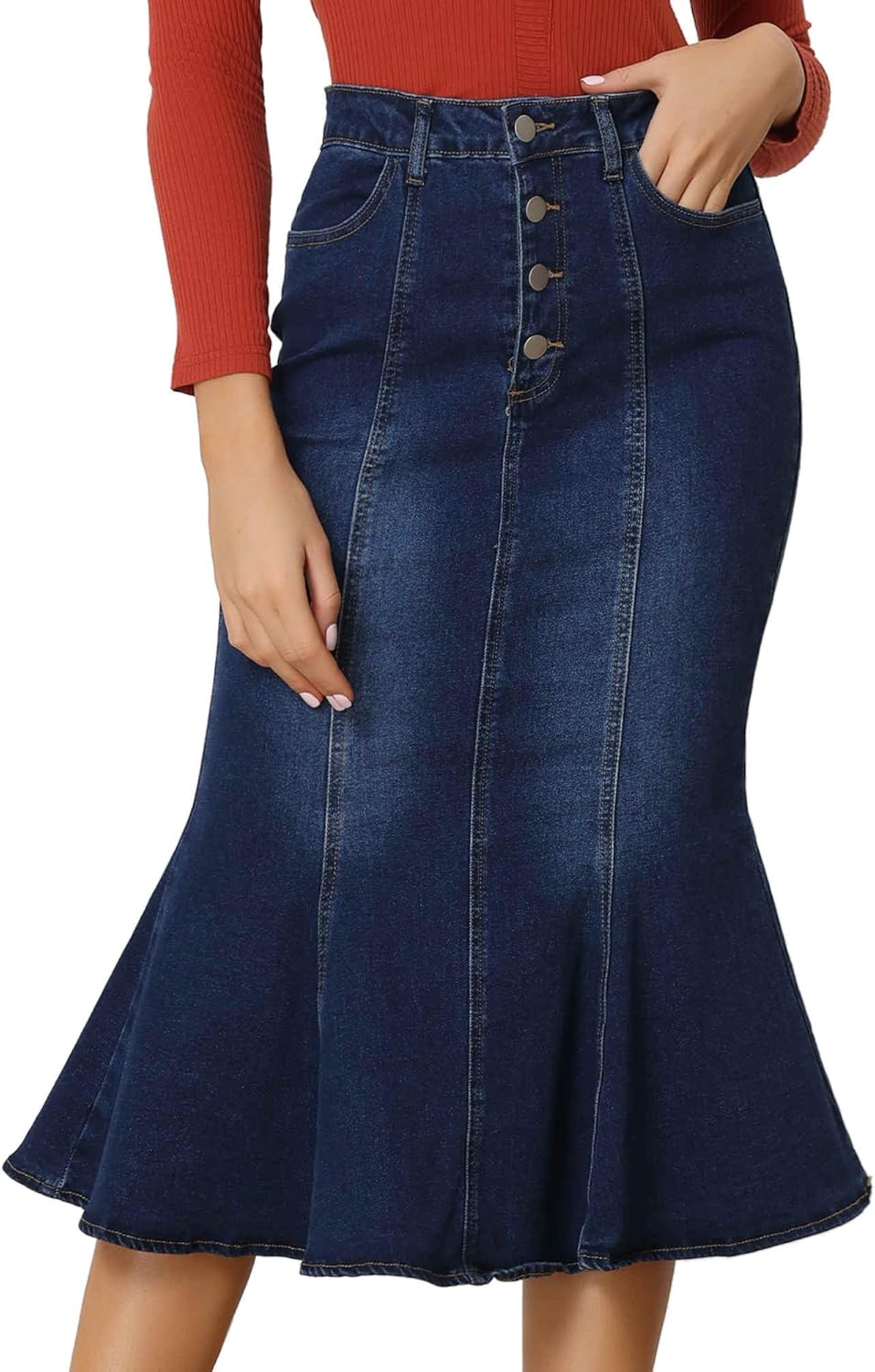 Allegra K Denim Skirt for Women's Washed High Waisted Fishtail Midi Jean Skirts