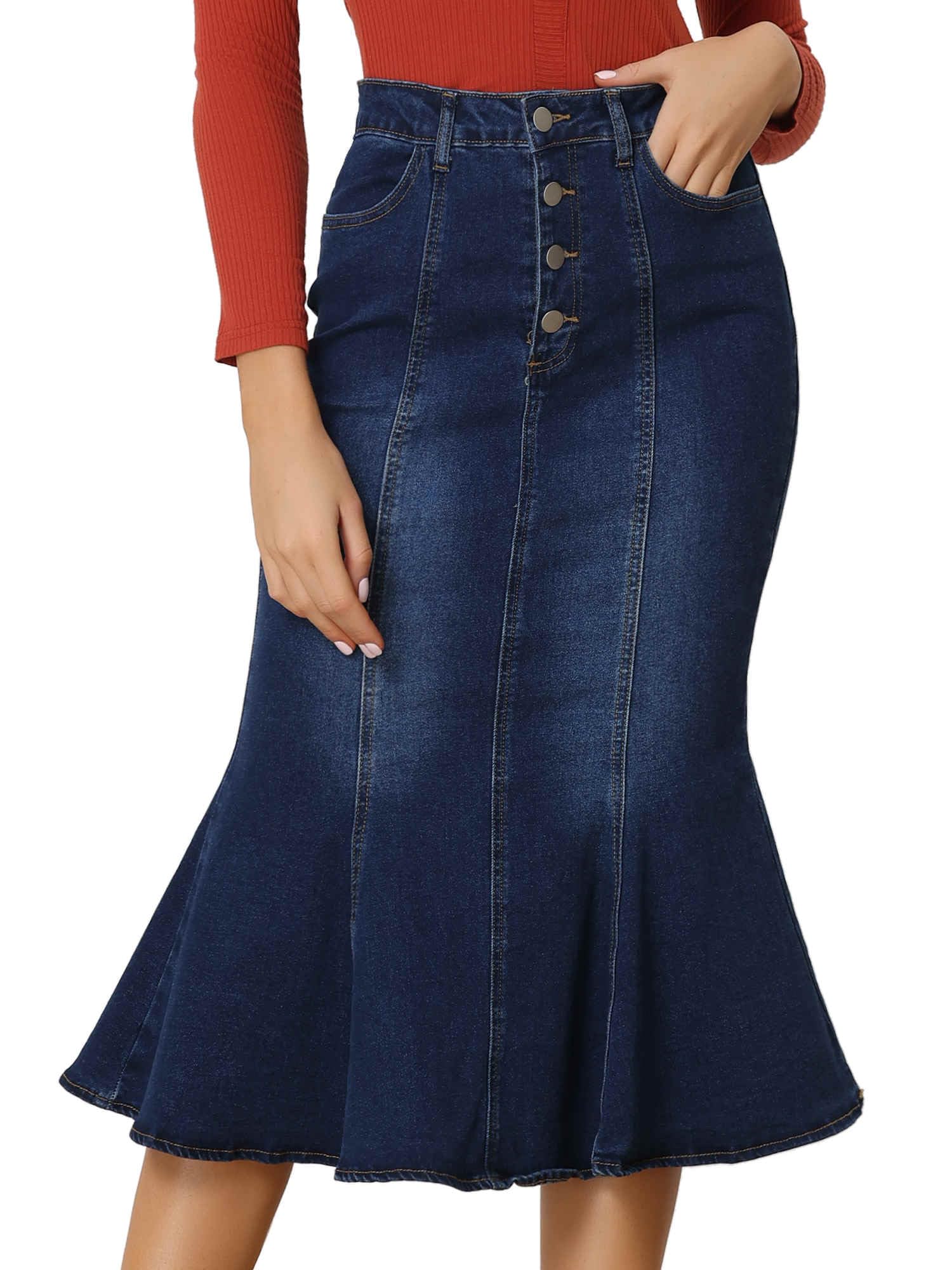 Allegra K Denim Skirt for Womens Washed High Waisted Fishtail Midi Jean Skirts