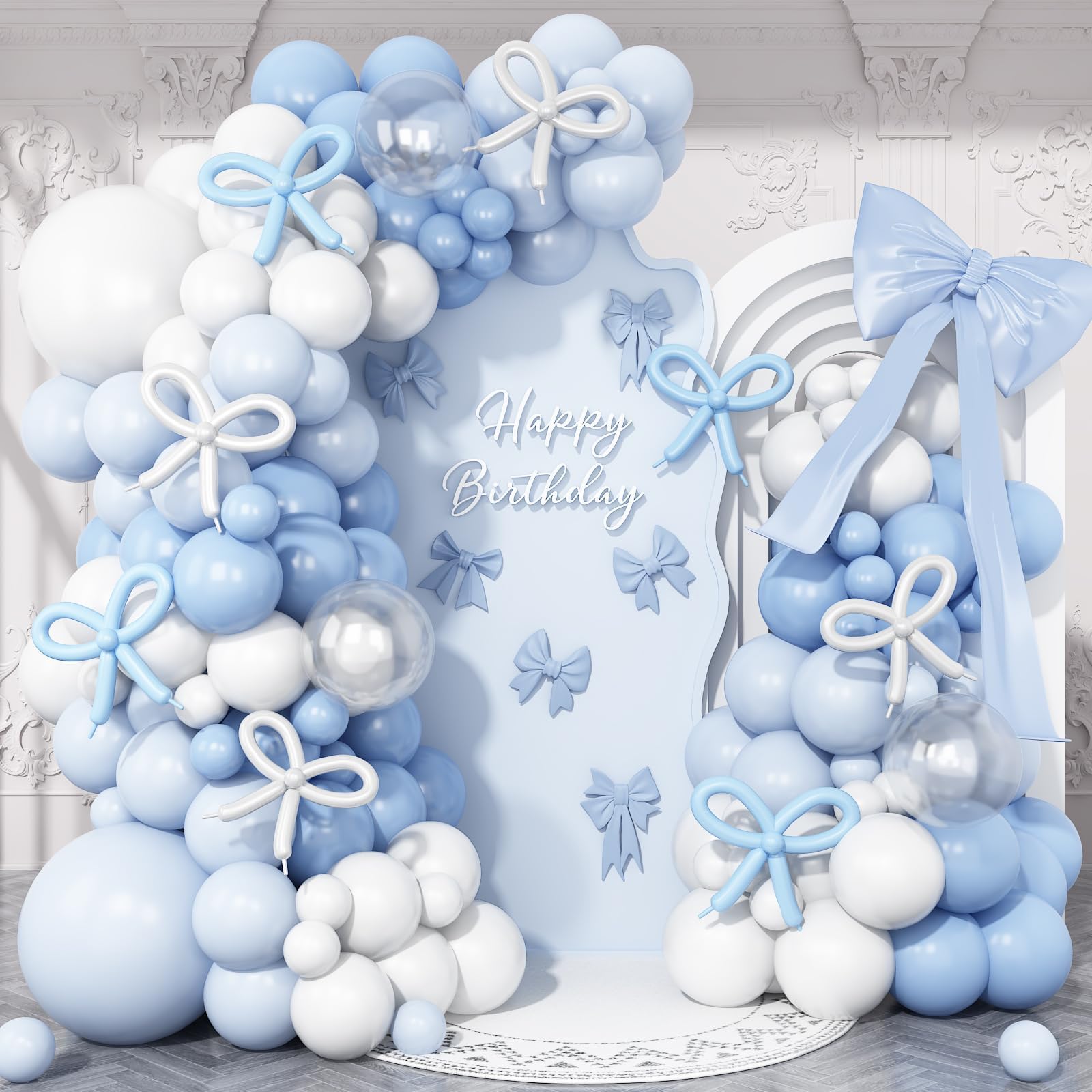 Dusty Blue Balloon Arch Kit,118Pcs Blue and White Balloon Garland with Long Bow Balloons and Clear Balloons for Birthday Wedding Bridal Decorations