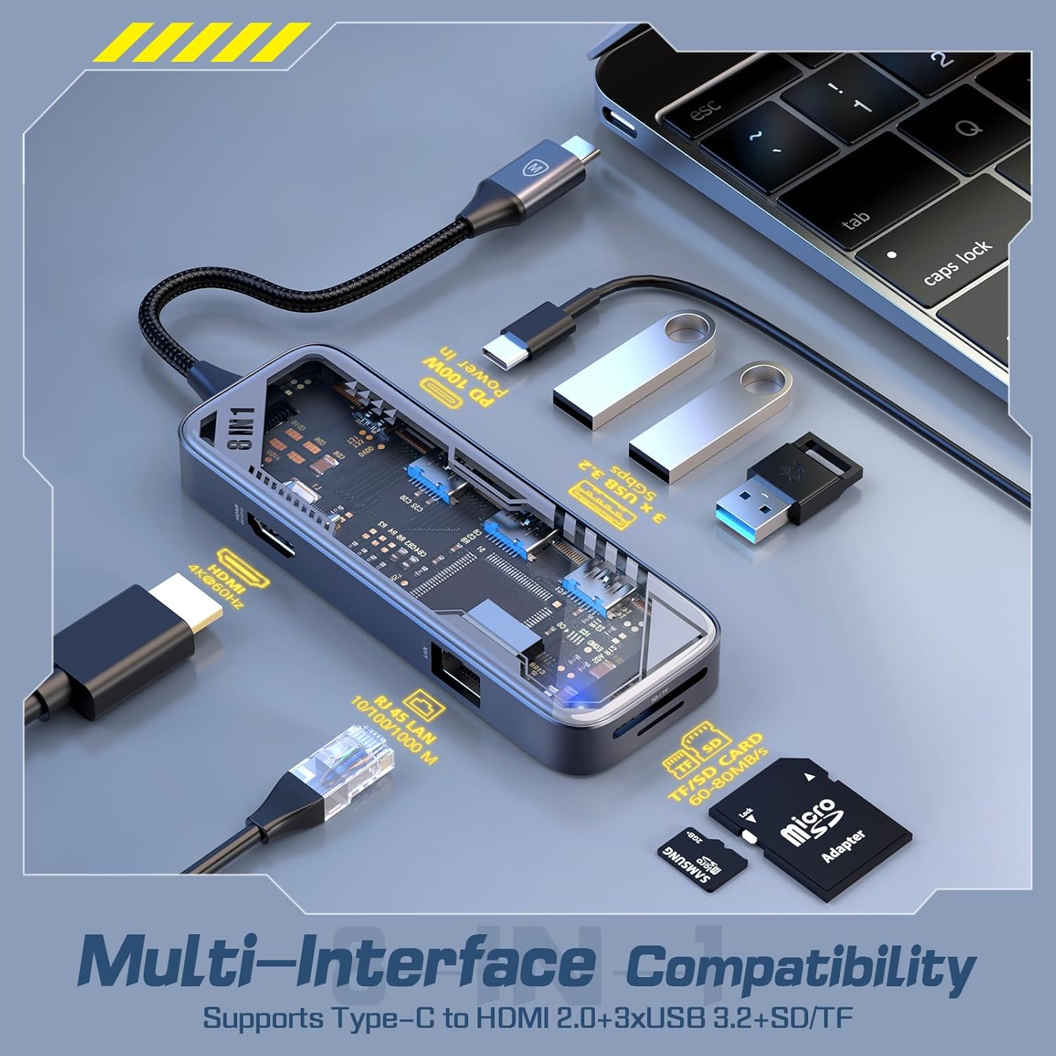 MicroPack USB C Hub 8-in-1 with 100W PD Charging, 4K@60Hz HDMI, Gigabit Ethernet, 3 USB 3.2 5Gbps, SD/TF Card Reader, Aluminum USB-C Multiport Adapter for MacBook Pro/Air, iPad, Laptop