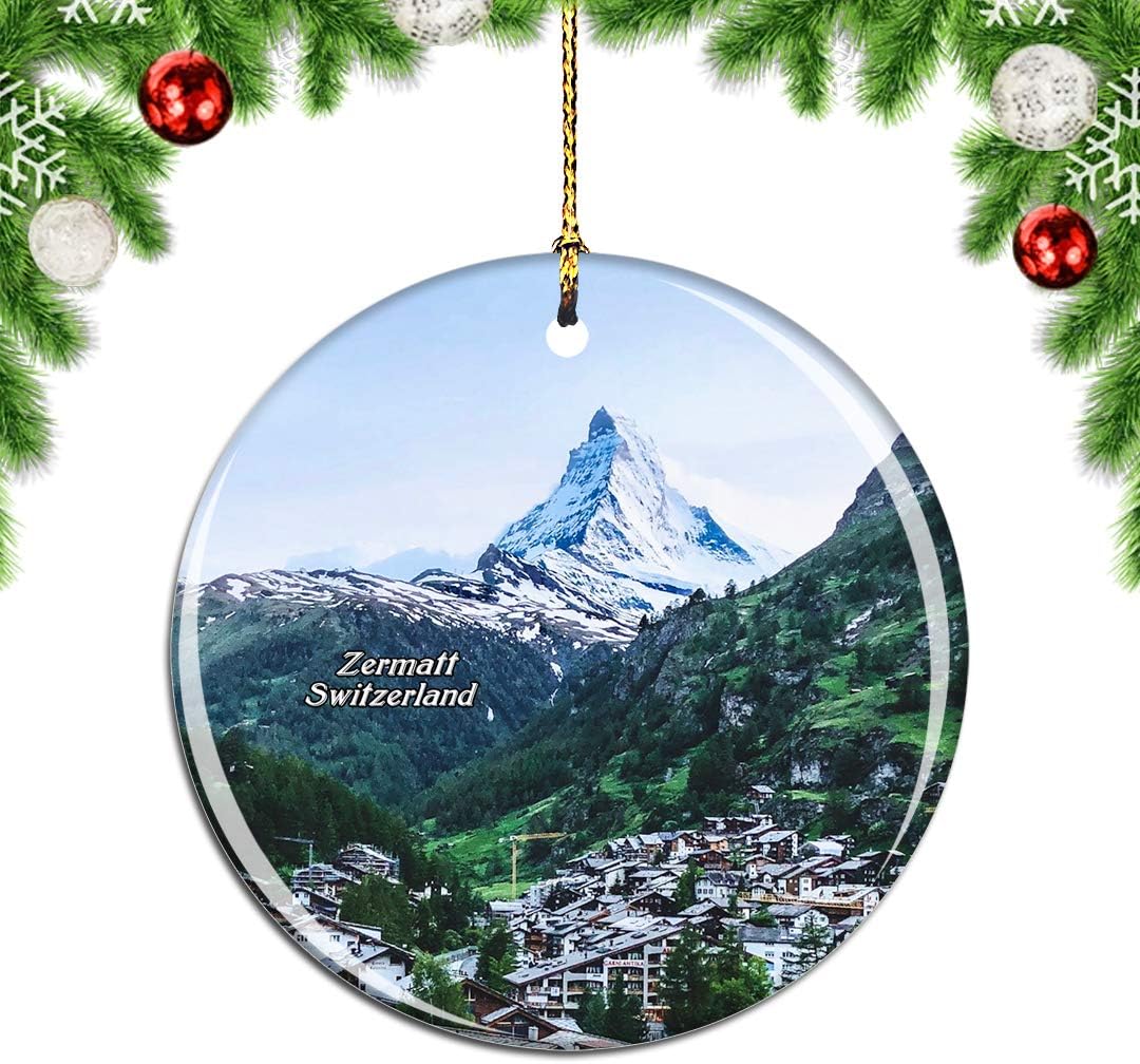 Weekino Switzerland The Matterhorn Zermatt Christmas Ornament City Travel Souvenir Collection Double Sided Porcelain 2.85 Inch Hanging Tree Decoration
