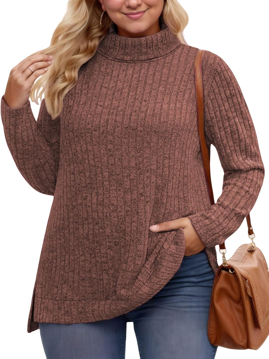 VISLILY Womens-Plus-Size-Tops Trendy Turtleneck Lightweight Sweaters Casual Long Sleeve Shirts Dressy Side Split Tunics 1X-5X - Image 2