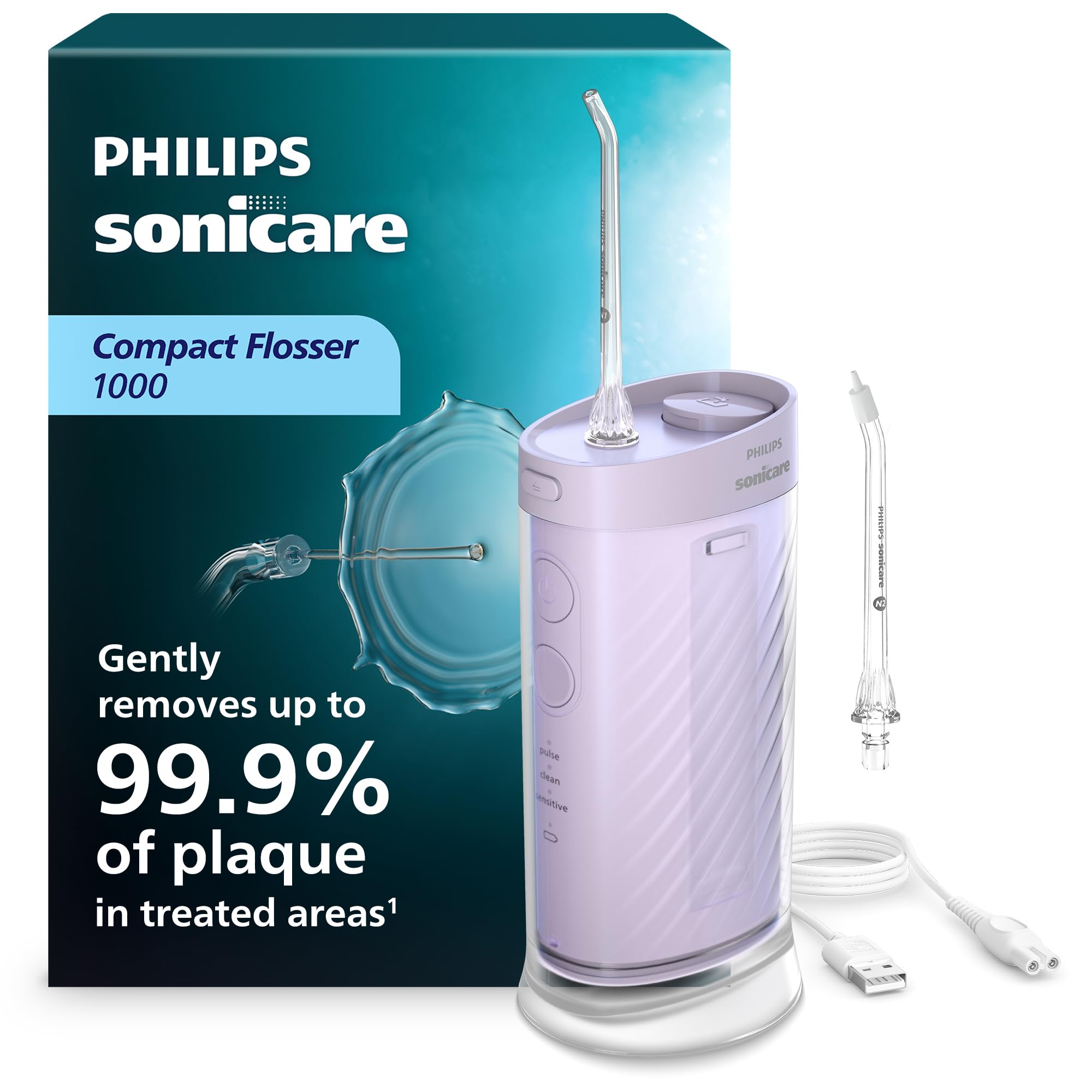 Philips Sonicare Compact Flosser 1000 − Compact Water Flosser for Teeth with 3 Flossing Modes, IPX7 Water-Resistant Oral Irrigator, Improves Gum Health, Travel-Friendly, Light Purple, Model HX3333/23