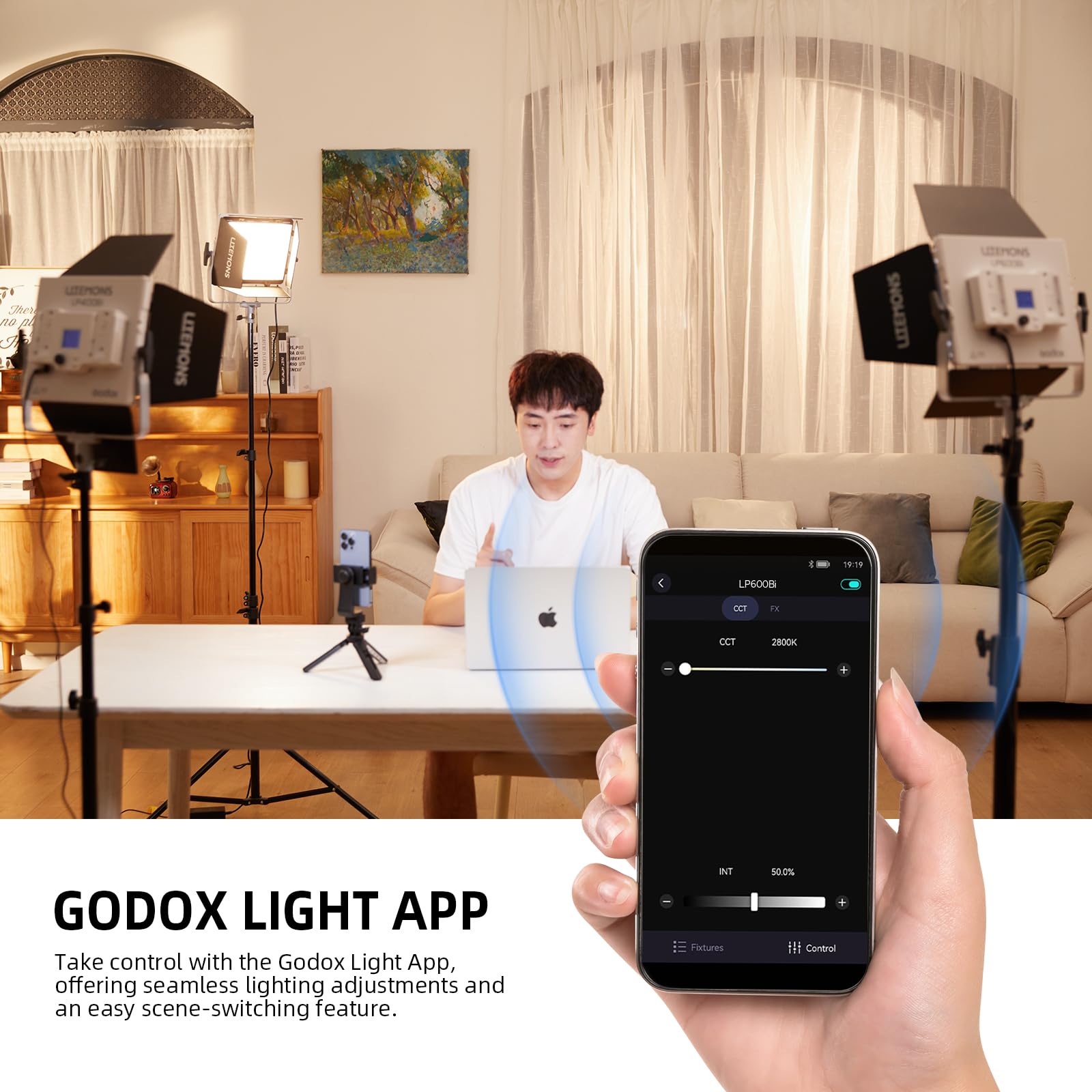 GODOX LITEMONS LP600Bi LED Video Light, CCT Bicolore Temperatura 2800K-6500K 60W Luce Pannello con 11 Effetti di Luce, L'illuminazione in Uscita Continua Supporta il Controllo APP