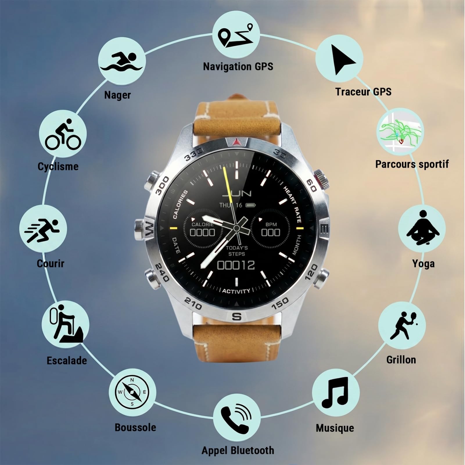 GPS Montre Connectée Homme, AMOLED Écran Tactile 1,43 Pouces Montre Sport G7, Appels Bluetooth, Cartes Hors Ligne, 100+ Modes Sportifs, Boussole, Étanche 5 ATM pour iOS/Android (Cuir Marron)