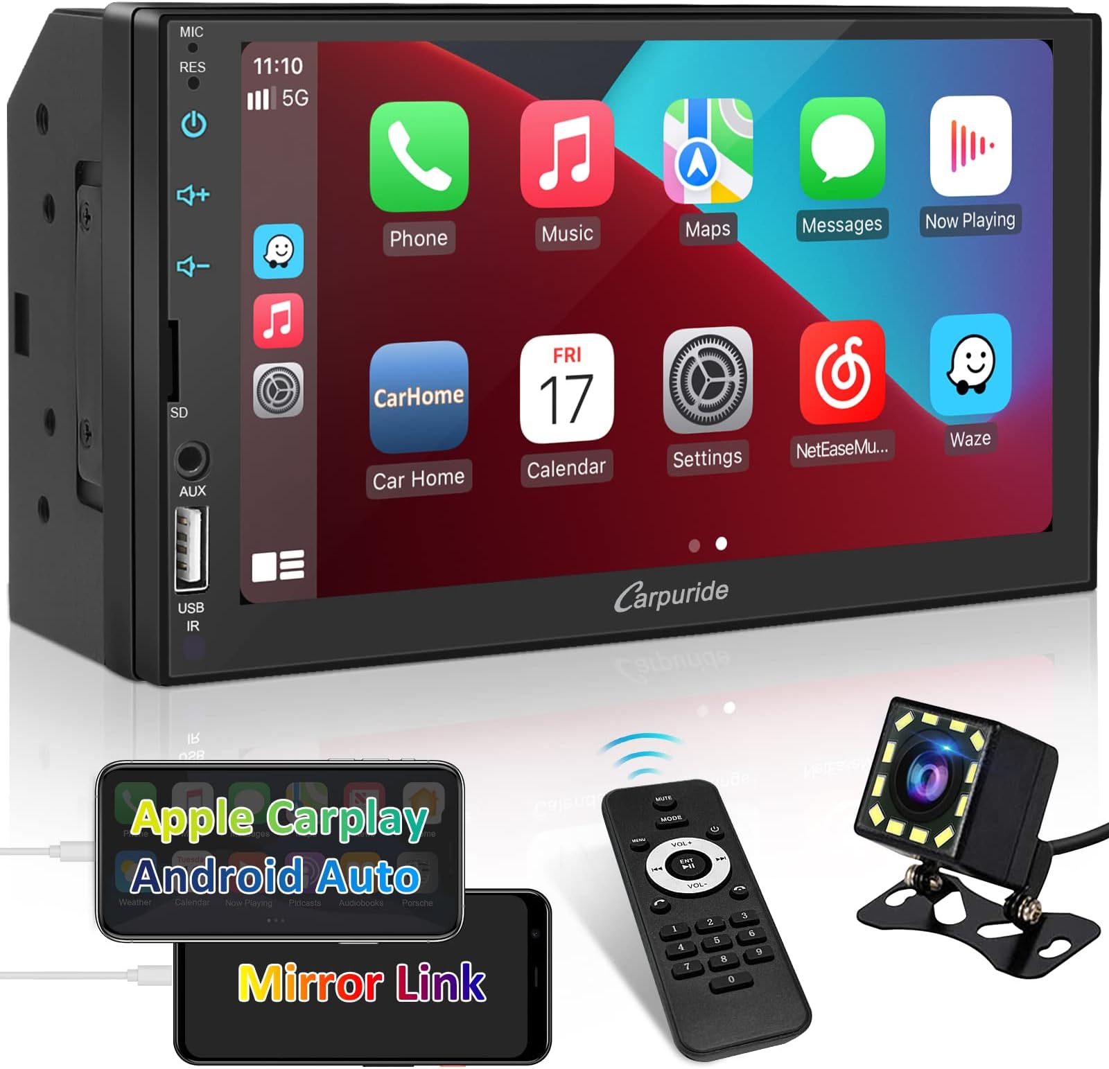 CARPURIDE Double Din Car Stereo with Carplay & Android Auto, 7" Touchscreen Car Audio Receiver with Bluetooth, Mirror Link, Backup Camera, USB/TF/AUX Port, A/V in, SWC, FM/AM Radio, 2 din