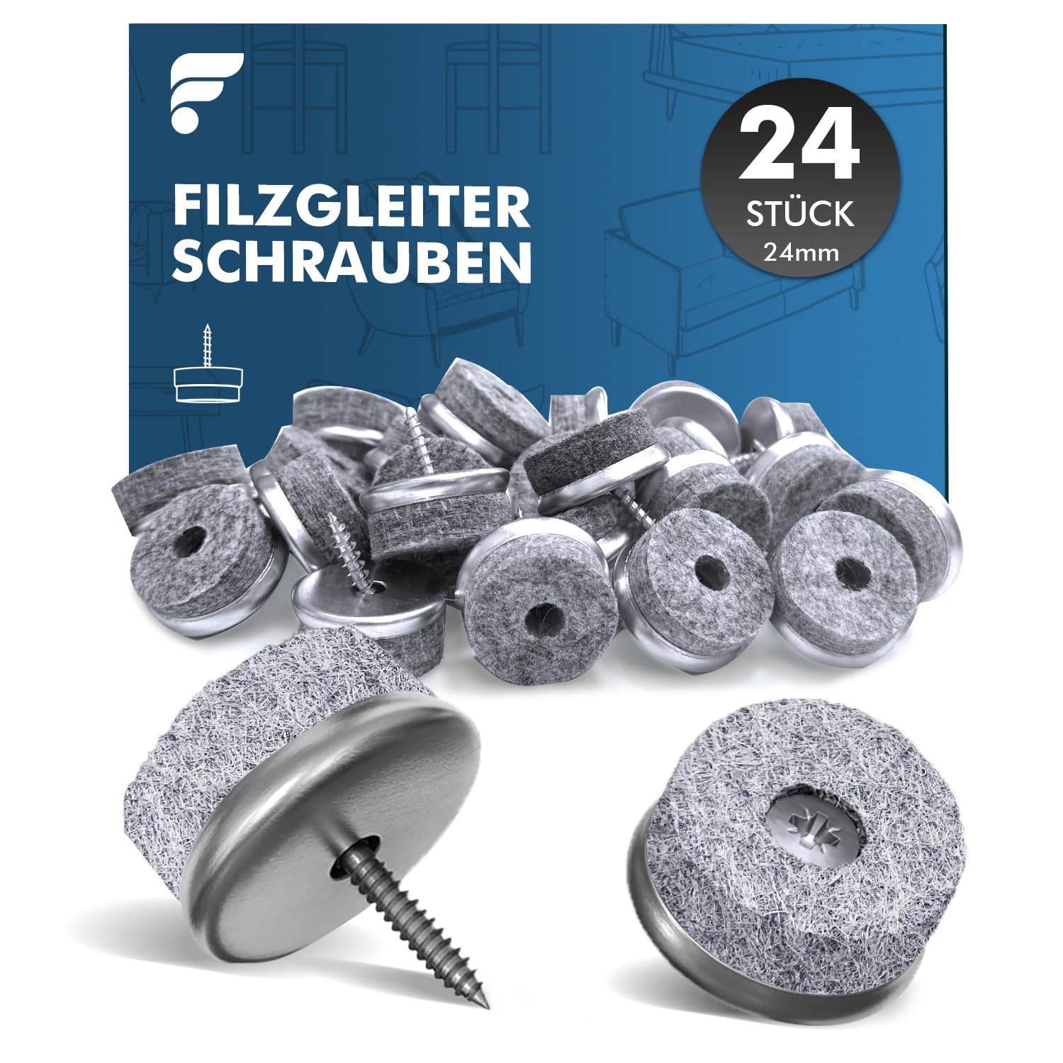 shinfly Filzgleiter für Stühle 24 Stück - Ø 24mm Stuhl Filzgleiter Schrauben mit 5mm dickem Filz - Möbelgleiter Filz Stuhlgleiter für Stühle Möbel Böden, stuhlgleiter zum Schrauben