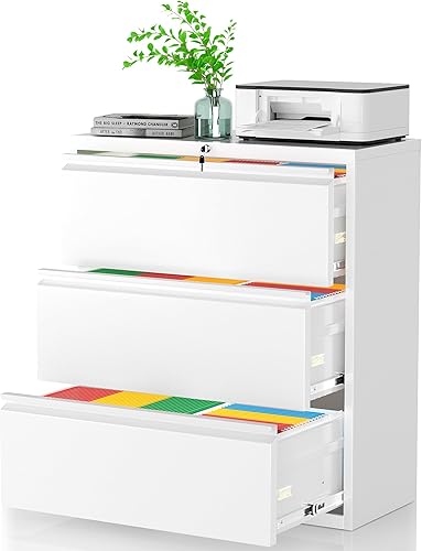 Miniatura 10 de Pataku Archivador lateral, archivador de 2 cajones con cerradura, archivadores blancos para oficina en casa, archivador de metal para colgar Cajones