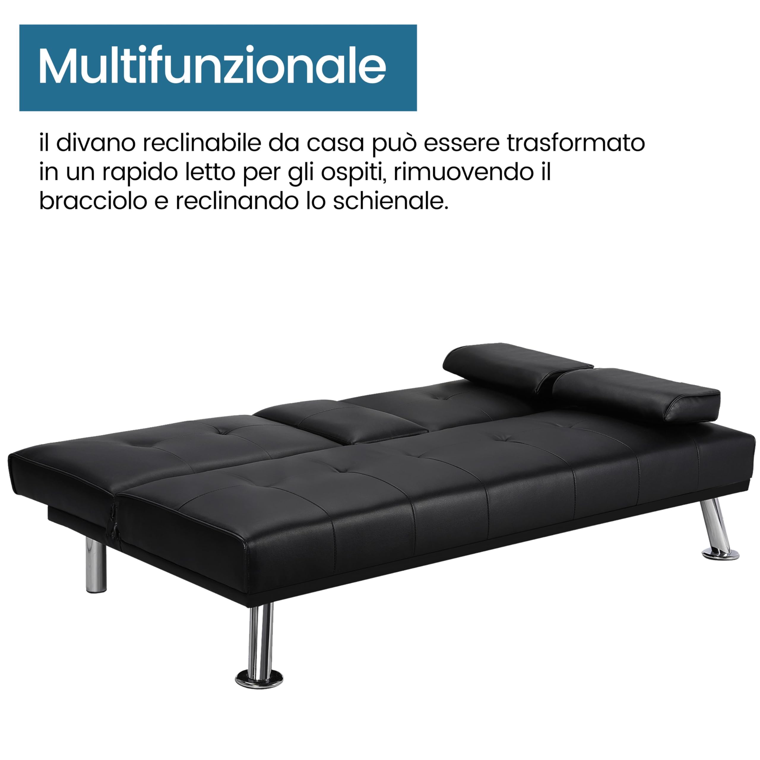Yaheetech Divano Letto con 2 Cuscini Mobile in Ecopelle Divano Convertibile in Letto Arredamento Pieghevole 3 in 1 con Supporto Centrale Porta Bicchieri 167 × 81,5 × 75 cm da Soggiorno Nero
