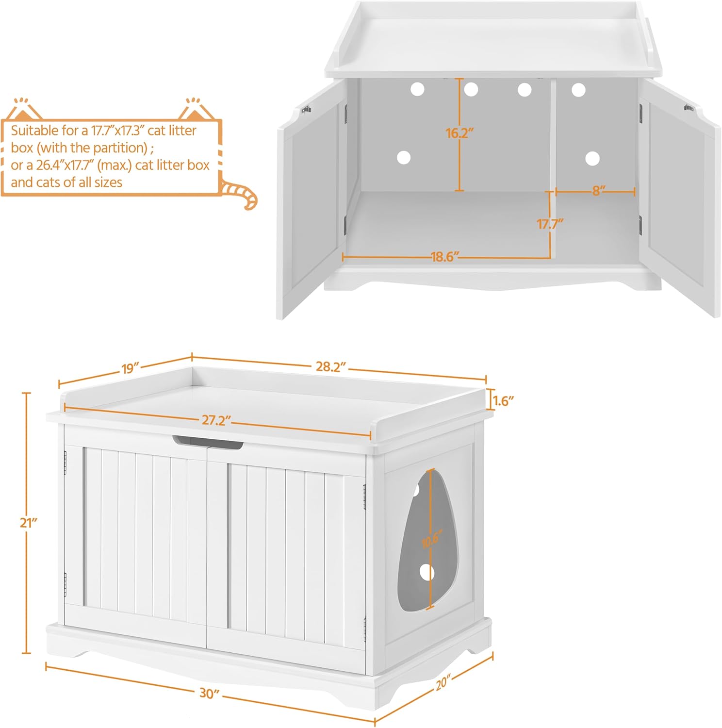 Yaheetech Cat Litter Box Enclosure, Hidden Litter Furniture, Cat Washroom, Pet Crate, Decorative Storage Bench Pet Side Table for Large Cat Kitty, White