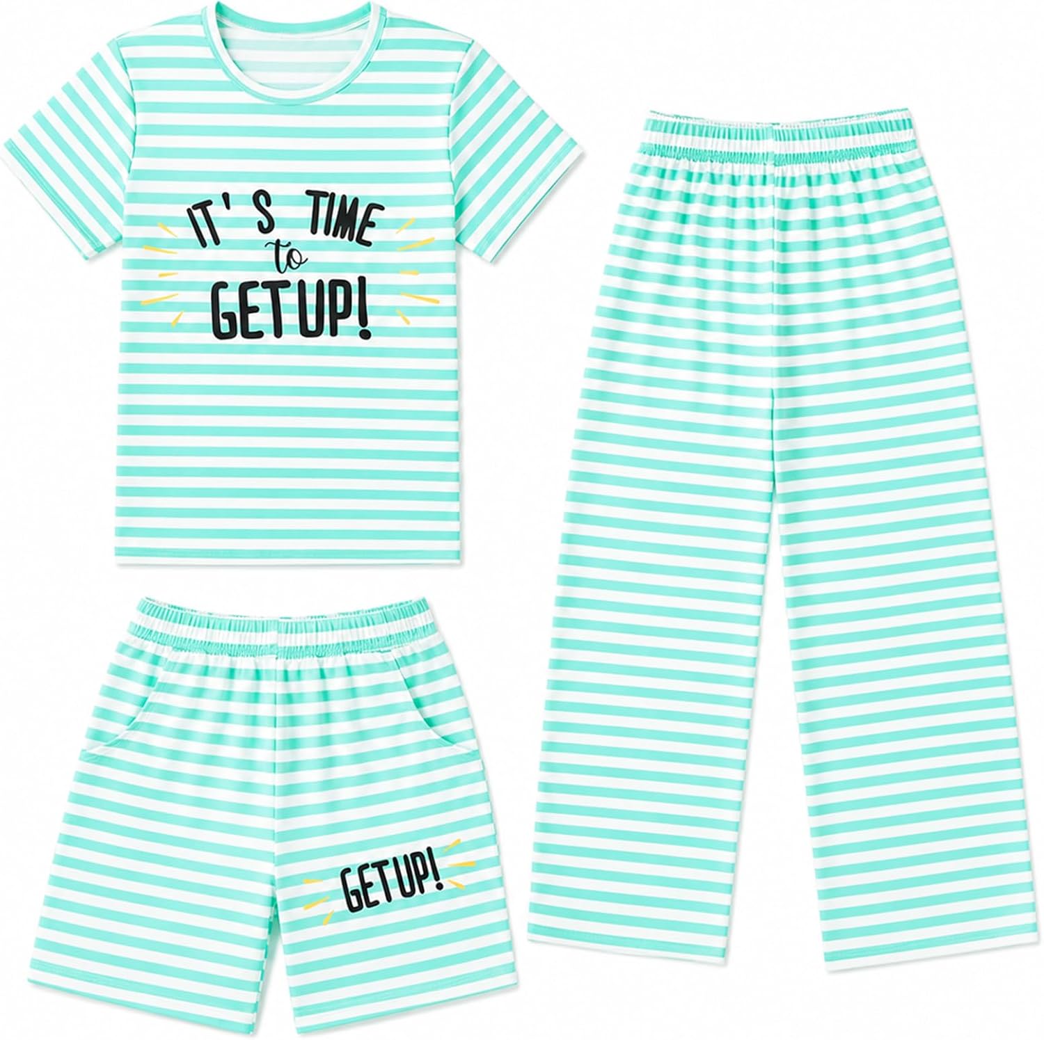 Mikrdoo Girls Pajamas Short Sleeve Long Pants and Shorts 3Piece PJs with Pockets for Kdis Sleepwear 6-16 Years