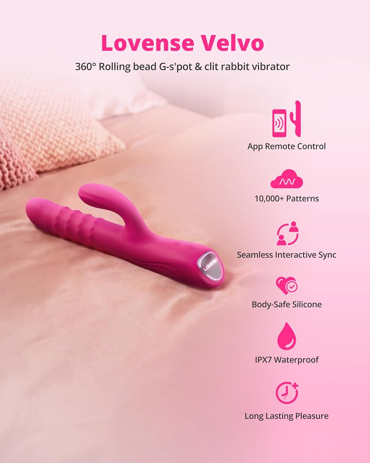 LOVENSE Velvo Rabbit Vibrator with Rotating Beads, Powerful G-Spot & Clit Vibrator Adult Toys for Women, App Remote Control Long Distance Couple Vibrating Dildos, Waterproof Rechargeable Sex Toys