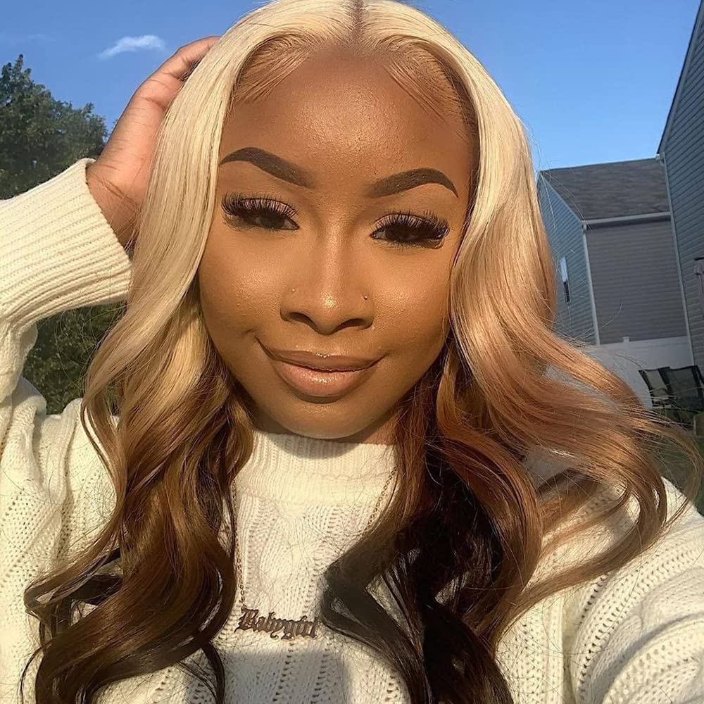 Long Synthetic Lace Front Wavy Wig Blonde Ombre Brown Color Middle Part Natural Looking Heat Resistant Wavy Wig for Fashion Women Daily Party