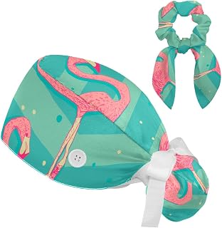 FVQL 2 Pieces Surgical Cap for Long Hair Scrub Cap with Hairband Nurse Cap, Flamingo Pattern