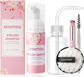 Lash Shampoo for Lash Extensions, Eyelash Extension Cleanser with Reusable Rinse Bottle and Makeup Remover Pad, Cleansing Brush and Mascara Brush, Lash Cleaner for Home Care and Salon Use, 60ml