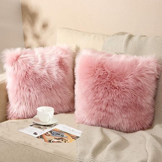 PICKKART Fur Cushion Pillow Cover for Set of 2 Pillow - 13x13 Inches (Baby Pink)