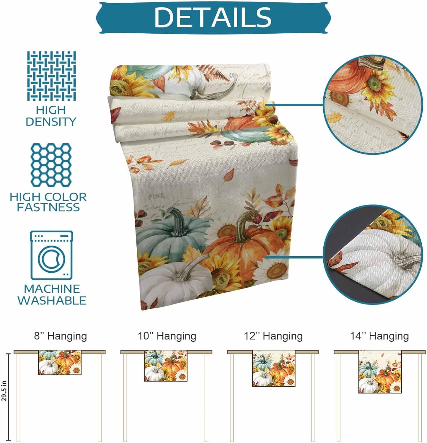 Fall Table Runner Autumn Thanksgiving Tablerunners 13x120inches, Table Decoration Tabletop Scarf for Fall Family Gathering Holiday Kitchen Dining Decor for Party, Vintage Sunflowers Pumpkin Leaf Beige