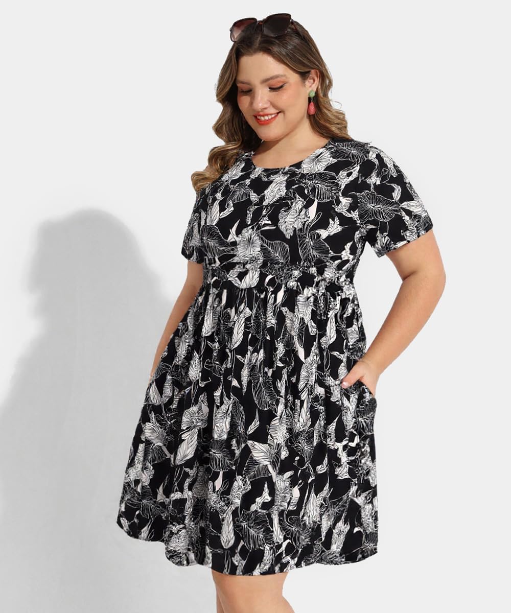 CARCOS Womens Plus Size Dresses Summer Short Sleeve Babydoll Dress Beach Casual Loose Mini Sundresses with Pocket XL-5XL - Image 3