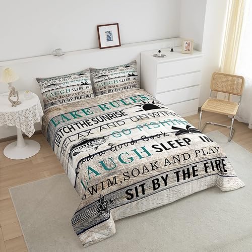 Miniatura 3 de Feelyou Juego de edredón de casa del lago, juego de ropa de cama de pesca para niños y niñas, juego de edredón de casa de campamento, con textura de