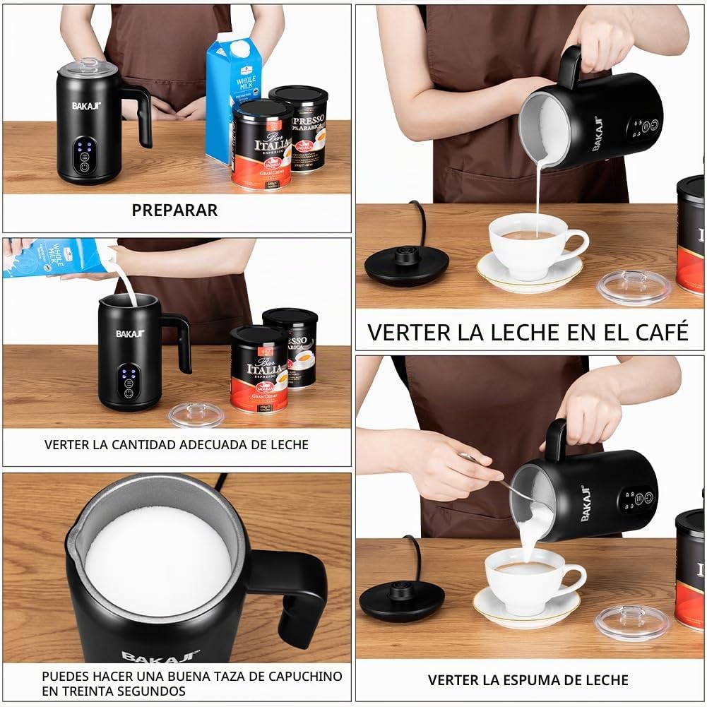 BAKAJI Espumador de leche eléctrico 4 en 1, Cappuccinatore automático, 350 ml, espumador para espuma de leche, funcionamiento silencioso, ideal capuchino caliente o frío, café manchado, acero