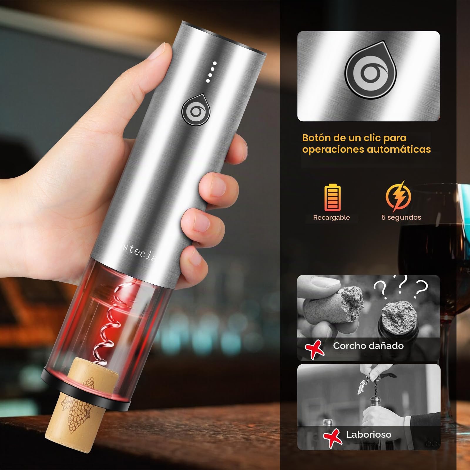 Sacacorchos Eléctrico Recargable, Regalo Set 4 en 1 Abridor de Vino Automático de Acero Inoxidable, Saca y Expulsa el Corcho con un Botón, Aireador Eléctrico de Vino, Tapón de Vacío