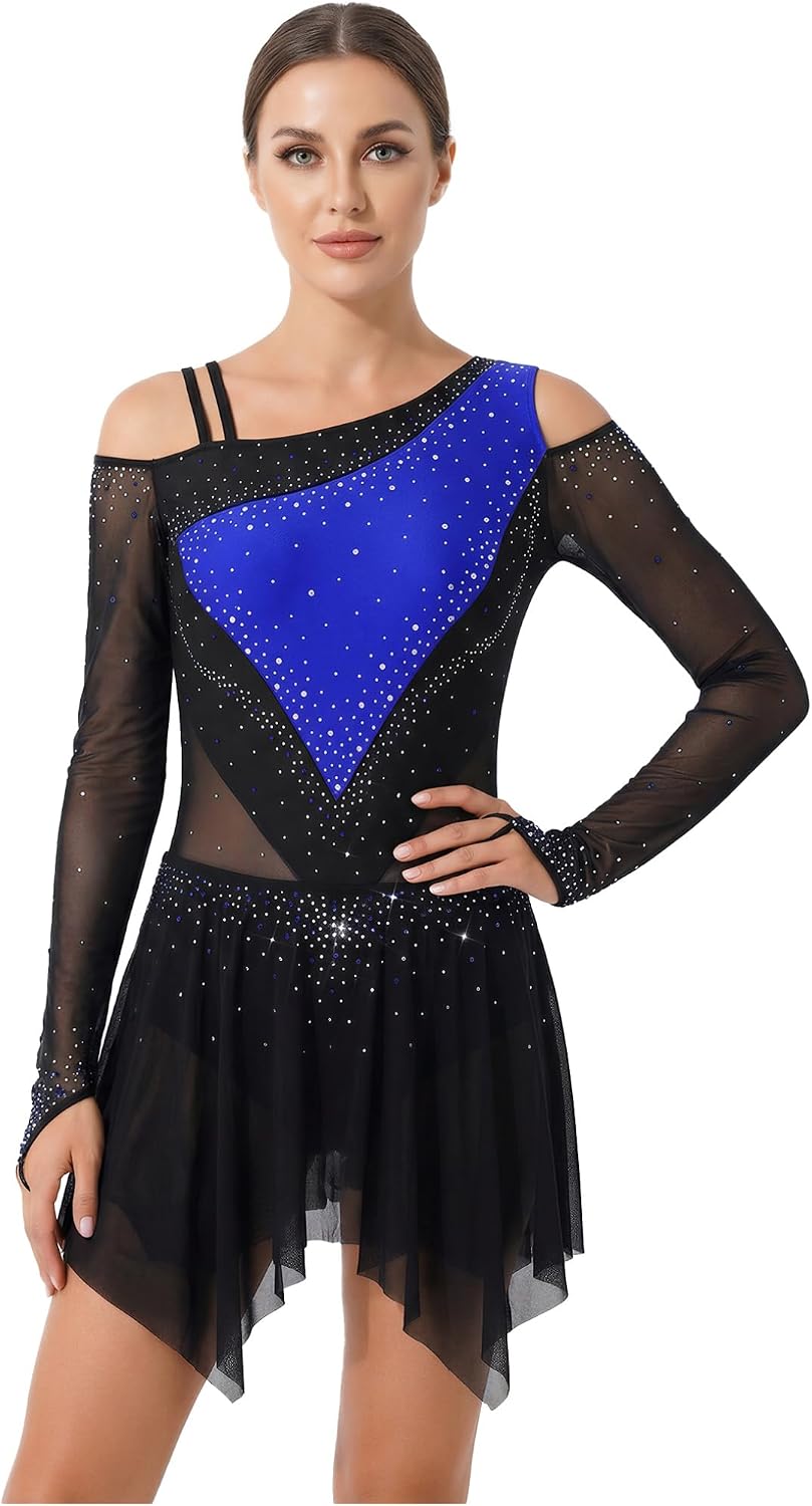 ACSUSS Figure Skating Costume Women's Rhinestones Color Block Ballet Leotard Ice Skating Competition Wear