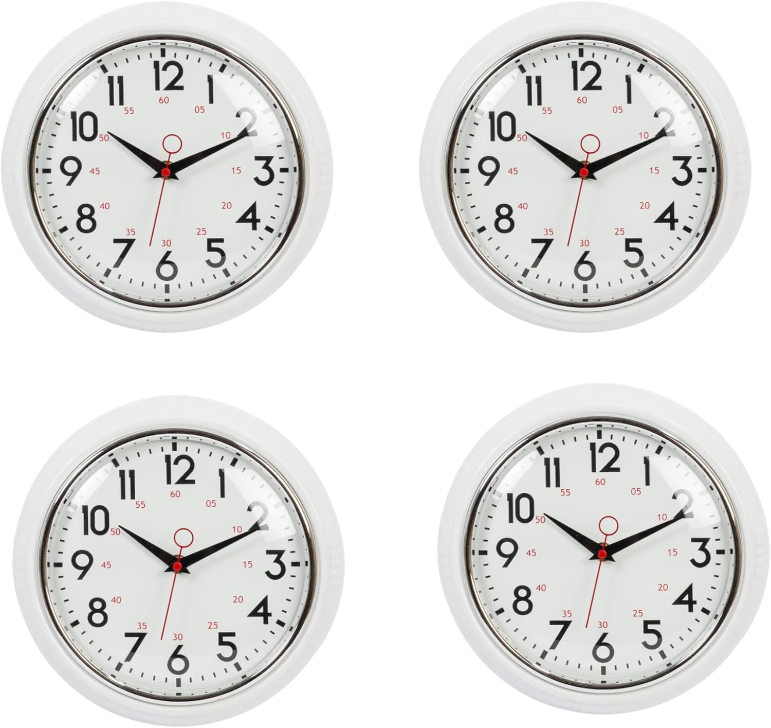 4 Pack Kiera Grace Vintage Decorative Small Round Plastic Analog Wall Clock for Home, Room, & Office, 9.5" x9.5" x 2.6", White,