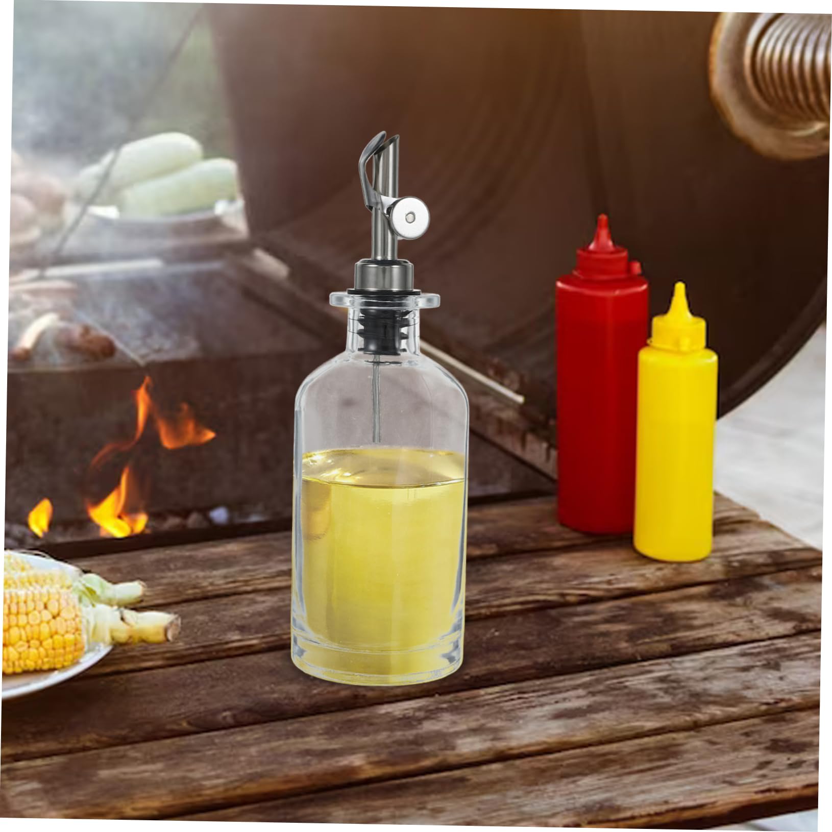Oliera Salvagoccia 350ml 2 Pezzi in Vetro Acciaio Inox | Apertura Automatica, Silicone Integrato, Uso Versatile per Condimenti, Facile da Pulire
