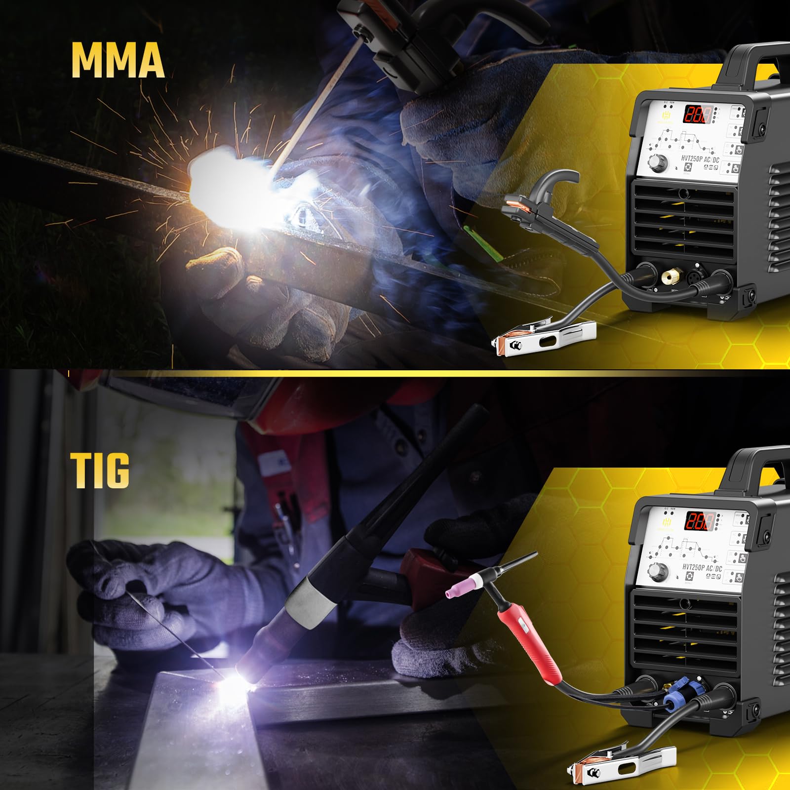 H HZXVOGEN Saldatrice TIG, 200A TIG Welder AC/DC con impulso, 230V HF TIG/Stick/Spot/Pulse/ACDC TIG/2T 4T 6 in 1 alluminio IGBT Inverter Saldatrice Elettrodo, HVT250P conTemperaturgesteuerter Lüfter