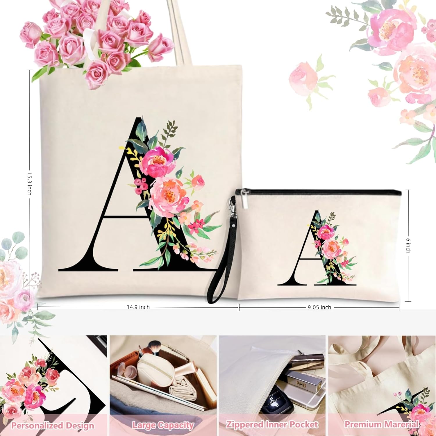 Initial Canvas Tote Bag for Women, Personalized Monogrammed Tote Bags with Makeup Gift Bag for Wedding Bridesmaids Birthday image 4