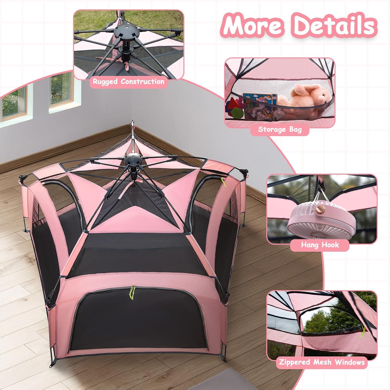 Baby Playpen Pop-up Tent - Outdoor & Indoor Play Tent for Beach with Canopy Travel Bag Portable Play Yard for Babies & Toddlers (Pink)