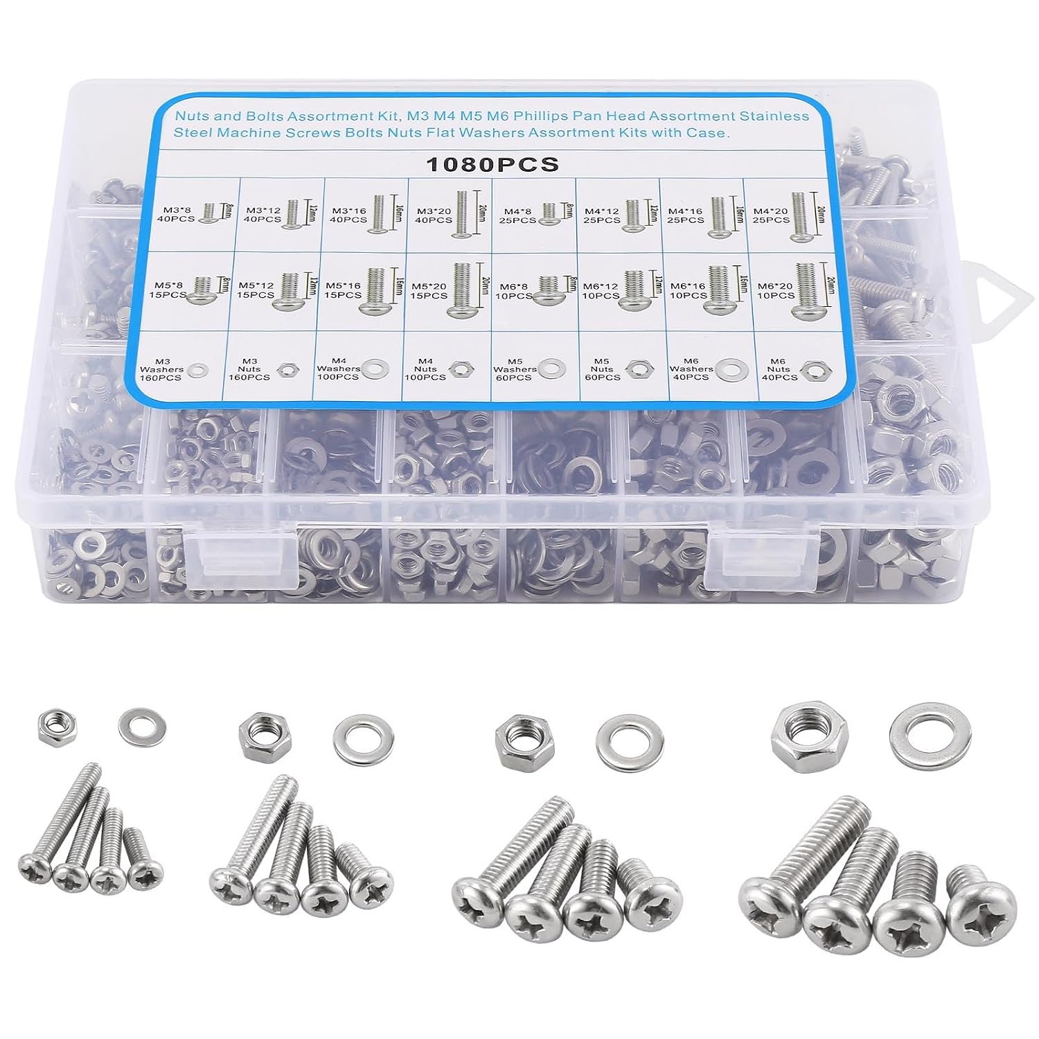 SunEuhue 340PCS Stainless Steel Screw & Bolt Assortment Kit - M4 Phillips Pan Head With Nuts, Washers & Case