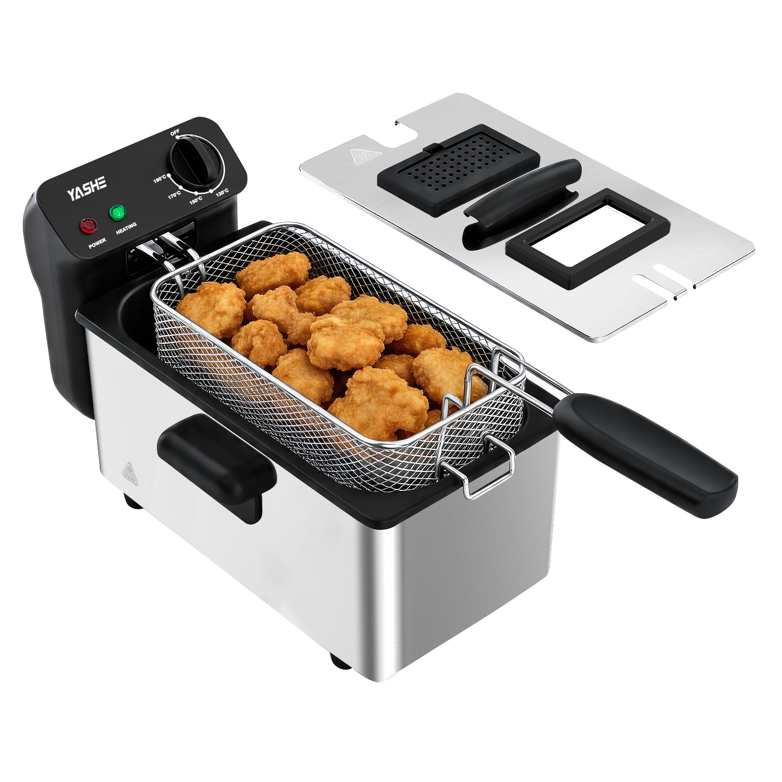 YASHE Deep Fat Fryer, 3L Electric Countertop Deep Fryer with Viewing Window, 2000W Stainless Steel Fryer, Adjustable Temperature Control, Removable Basket & Oil Pot, Easy to Clean