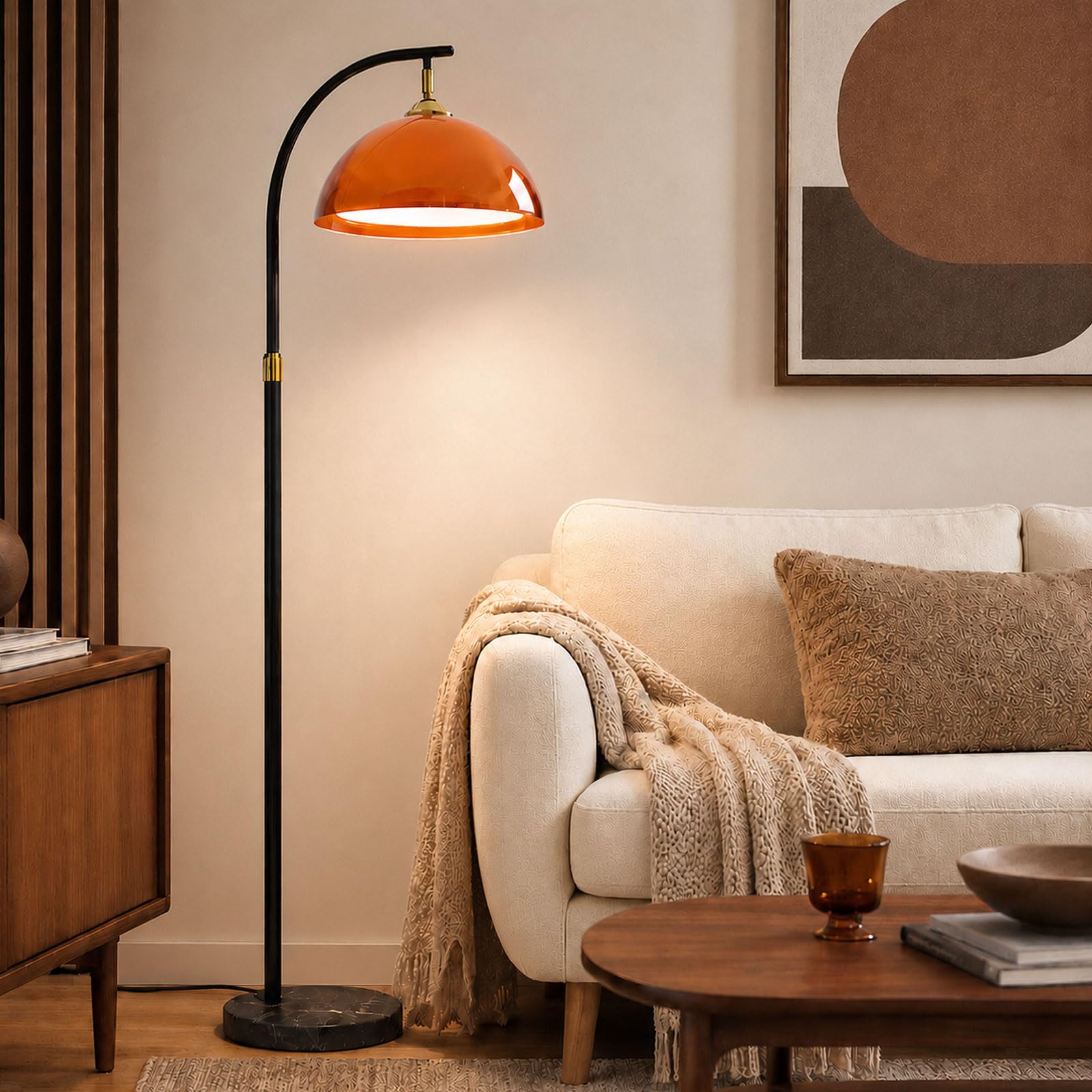 Lámpara De Pie Orange Arc, Base De Mármol, Mid-Century Modern, E27 | Pantalla Acrílica Doble Capa De Seta, Altura Ajustable, 3 Temperaturas, Interruptor De Pie, Poste Negro, Salón/Dormitorio